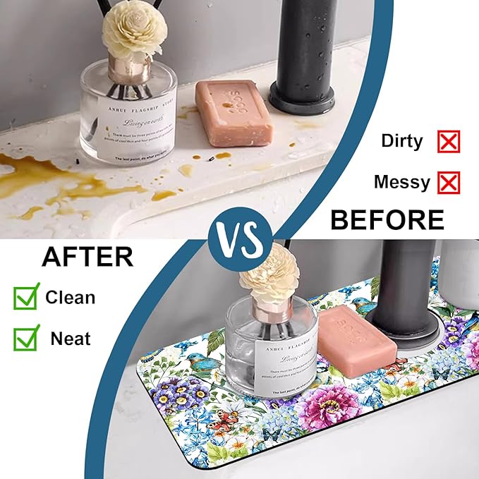 Beautiful Floral Kitchen Sink Splash Guard Faucet Mat Flower Bird Butterfly Super Absorbent Fast Drying Mat Sink Splash Guard Behind Faucet for Kitchen Bathroom, 15.5"x5.5"