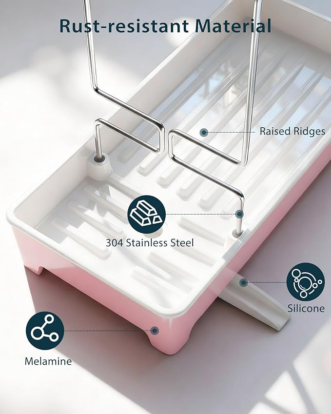 Minimalist Sink Caddy, Rustproof Sponge Holder for Kitchen Sink with 304 Stainless-Steel Brush Holder, Countertop Rack Organizer with Raised Ridges & Silicone Drain Tube (Blush Pink)