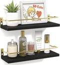 RICHER HOUSE Bathroom Floating Wall Shelf Set of 2 - Guard-Rail Small Wood Shelves for Decor, Over Toilet Storage, Kitchen Organizer - Black Gold