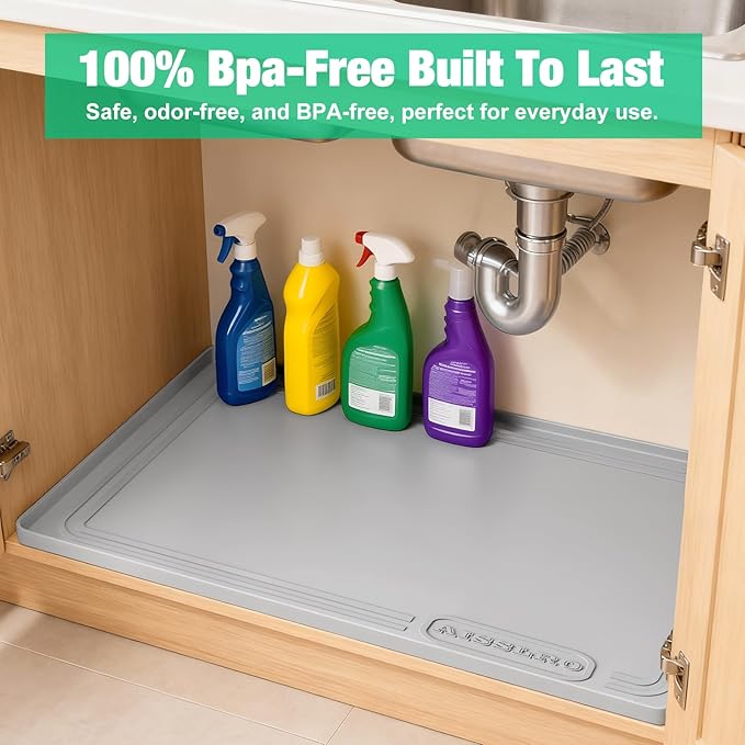 Aisslro Under Sink Mat 22" X 19", Waterproof Silicone Cabinet Organizer Protector with Raised Edge, Kitchen & Bathroom Leak Tray, Shelf Liner & Pet Feeding Mat for Dog Cat Food Mats, Light Gray