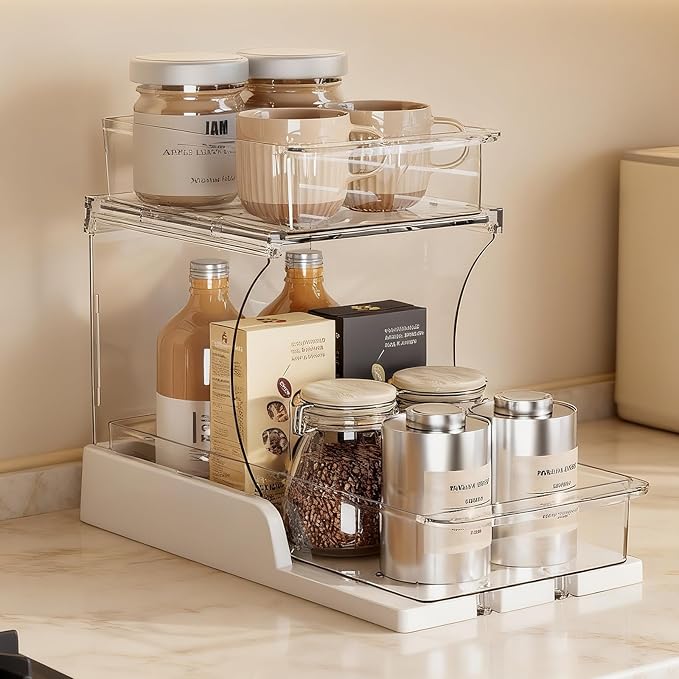 Pull Out 2 Tier Organizer for Kitchen Bathroom and Cabinet Storage Rotating Pantry Rack Under Sink Organizer Clear and Durable Design 1 Pack