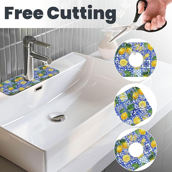 Yellow Lemon Mediterranean Lemons And Blue Tiles Kitchen Sink Splash Guard Faucet Mat Super Absorbent Fast Drying Mat Sink Gadgets-Fast Drying Pad Sink Mat For Kitchen Bathroom (15" X 5.5" )