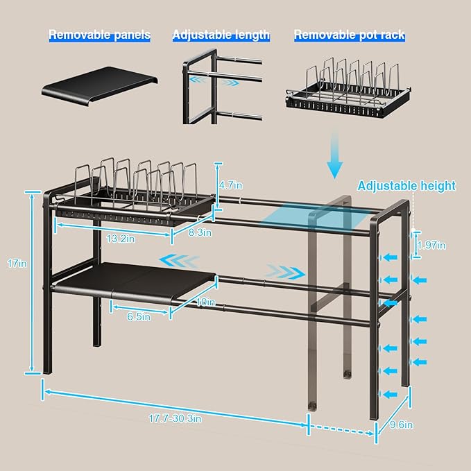 Pots and Pans Organizer Under Cabinet, Expandable 2 Tier Under Sink Organizers Storage Adjustable Height Kitchen Pot and Pan Lid Holder Rack with 6 Dividers(4panels,2baskets,1 Pot rack,Black)