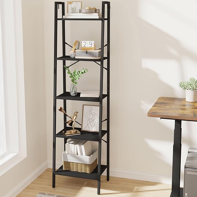 Ladder Shelf, Bookshelf Bookcase, Freestanding Corner Storage Shelve with 2 Hooks for Home Office, Living Room, Kitchen, Bedroom, Industrial, 11.8" D x 17.3" W x 63" H, Black BC19204B