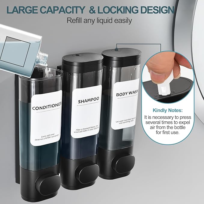 3 Pack Shampoo and Conditioner Dispenser, Shower Soap Dispenser 3 Chamber No Drill Wall-Mounted, Body Wash and Shower Dispenser Set for Shower Wall, Elegant Large Capacity for Bathroom Hotel, Black