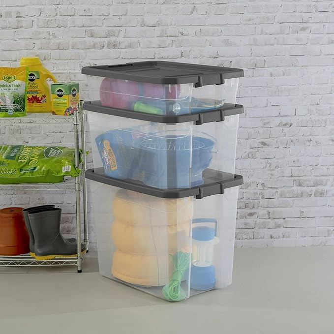 76 Quart Heavy-Duty Stacker Box – Clear Plastic Storage Bin with Secure Latch Lid, Ideal for Home, Garage, Closet & Basement Organization, Dark Gray (2)