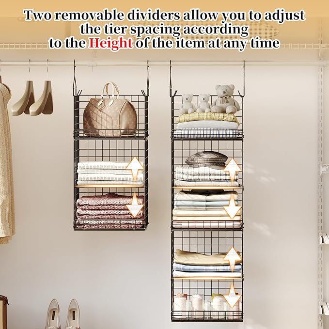 5 Tier Closet Hanging Organizer and Storage Separable Hanging Closet Shelves with 4 Hooks 2 Adjustable Dividers, Wire Storage Basket Bins for Clothing Sweaters Socks Dolls Handbags, Foldable