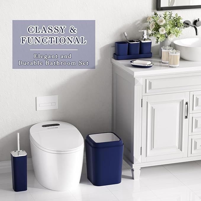 Navy Blue Bathroom Accessories Set, 9-Piece Plastic Gift Set with Trash Can, Toothbrush Holder, Toothbrush Cup, Soap Dispenser, Soap Dish, Toilet Brush Holder,2 Qtip Holder Dispensers and Tray