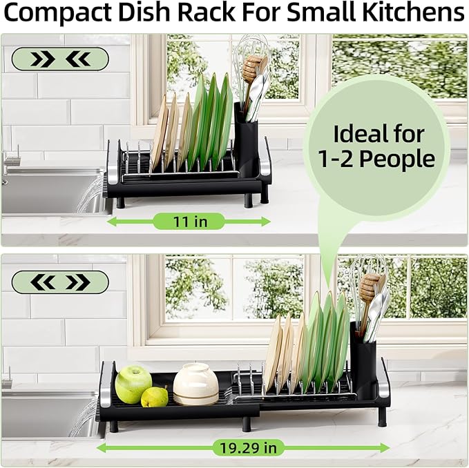 Small Dish Drying Rack, Mini Expandable Compact Dish Rack, Slim Extendable Stainless Steel Dish Drainer for Kitchen Plate Storage, Space Saving Dish Strainer in Sink or on Home Countertop, Matte Black