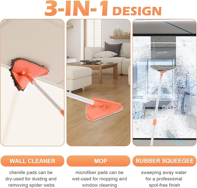Wall Cleaner Triangle Mop with 82'' Long Handle - Wall Scrubber, Cleaning Washer Tool with 4 Microfiber Chenille Duster Pads for Clean Walls, Ceiling, Windows, Baseboards, Floors (Orange)