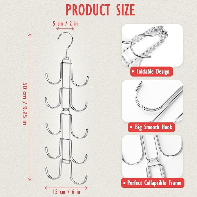2 Pack Purse Organizer for Closet, Upgraded Purse Hangers with 20 Big Hooks, 360 Degree Rotation for Better Organizer and Display, Collapsible Space Saving Hangers Rack for Handbag, Tie, Silver