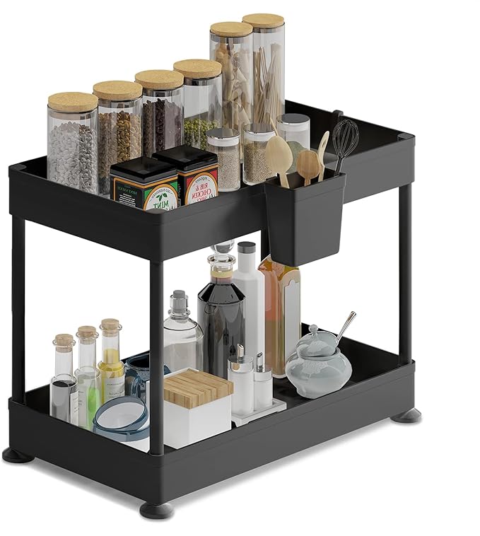 Under Sink Organizers and Storage | Bathroom Cabinet Organizer, Sink Shelf with Utility Hooks and Side Caddy for Under Cabinet Storage | Black (1-Pack) Non Slip Grip Under Kitchen Sink Organizer