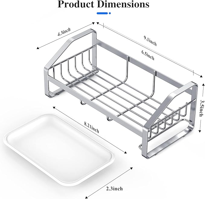 Sink Caddy,Sponge Holder for Kitchen Sink, Kitchen Bathroom Sink Organizer,304 Stainless Steel Kitchen Countertop Organizer Soap Tray with Removable Drain Tray Length Version - Silver