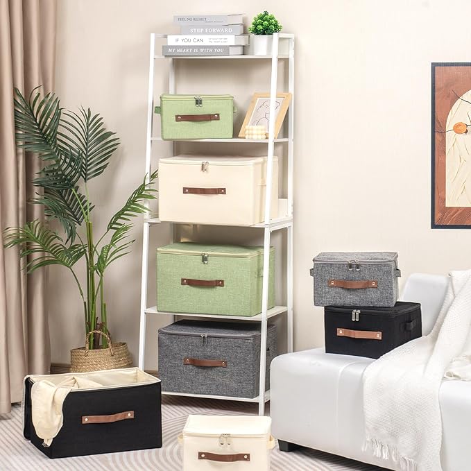 3 Pack Storage Bins with Zipper Lid Fabric Lidded Storage Boxes Baskets Cubes Washable Collapsible PU Leather Handle Cotton Linen Fabric Shelf Closet Organizer Container(Black, Small Size)