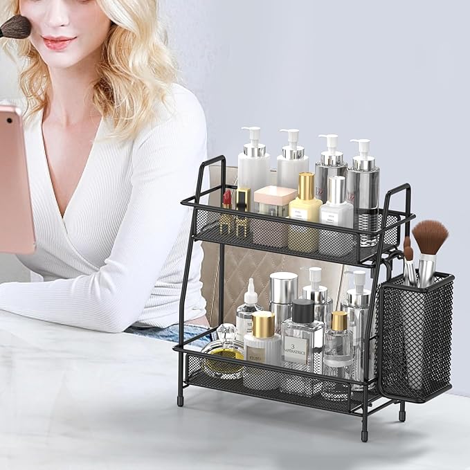 LEMIKKLE Countertop Organizer for Bathroom Counter, The Organizer for Bedroom, Spice Rack Organizer for Kitchen Counter Shelf with Small Basket(Black)
