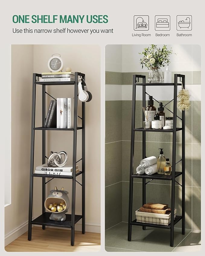 Ladder Shelf, Bookshelf Bookcase, Freestanding Corner Storage Shelve with 2 Hooks for Home Office, Living Room, Kitchen, Bedroom, Industrial, 11.8" D x 13.4" W x 47.2" H, Black BC13204B