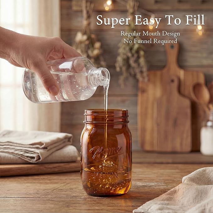 Amolliar Plastic Mason Jar Soap Dispenser with Pump Lid,16OZ Refillable Hand Soap Dispenser Set with Cute Lables - Farmhouse Decor for Kitchen Bathroom, Liquid Soap, Dish Soap, Lotion (2 Pack, Amber)