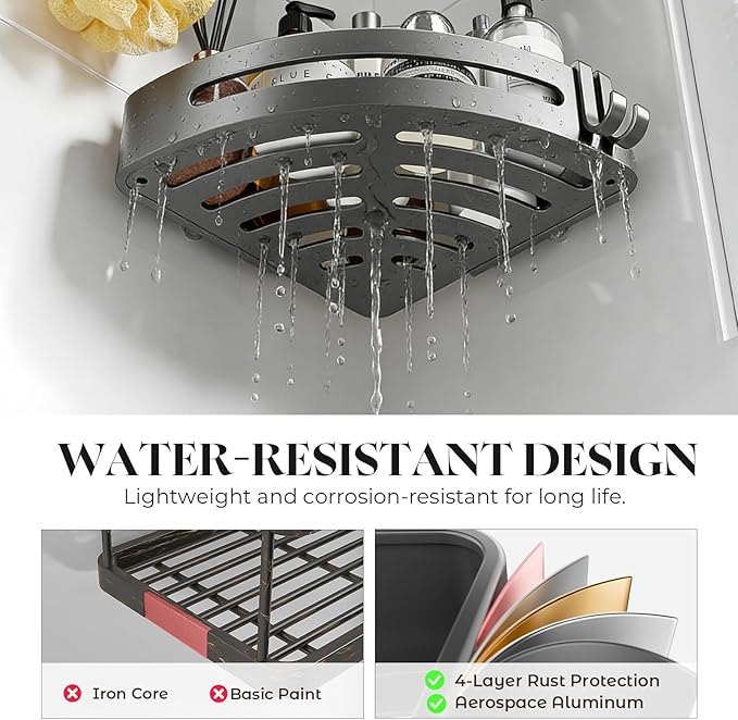 Bathroom Shower Caddy, Suction Cup Corner Shelf,2 Packs Rustproof Wall Mounted Bath Shelves Storage Rack,No Drilling Shower Organizer with 4 Hooks,Kitchen Home Gadget Essentials (Corner-2pack)