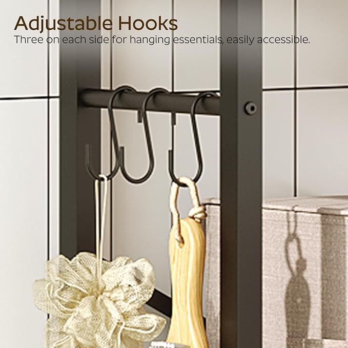 2-Tier Over The Toilet Storage, Multifunctional Vertical Over Toilet Bathroom Organizer, Freestanding Bathroom Storage Shelves with Hooks, Bathroom Organizer, Rustic Brown and Black TR01BB