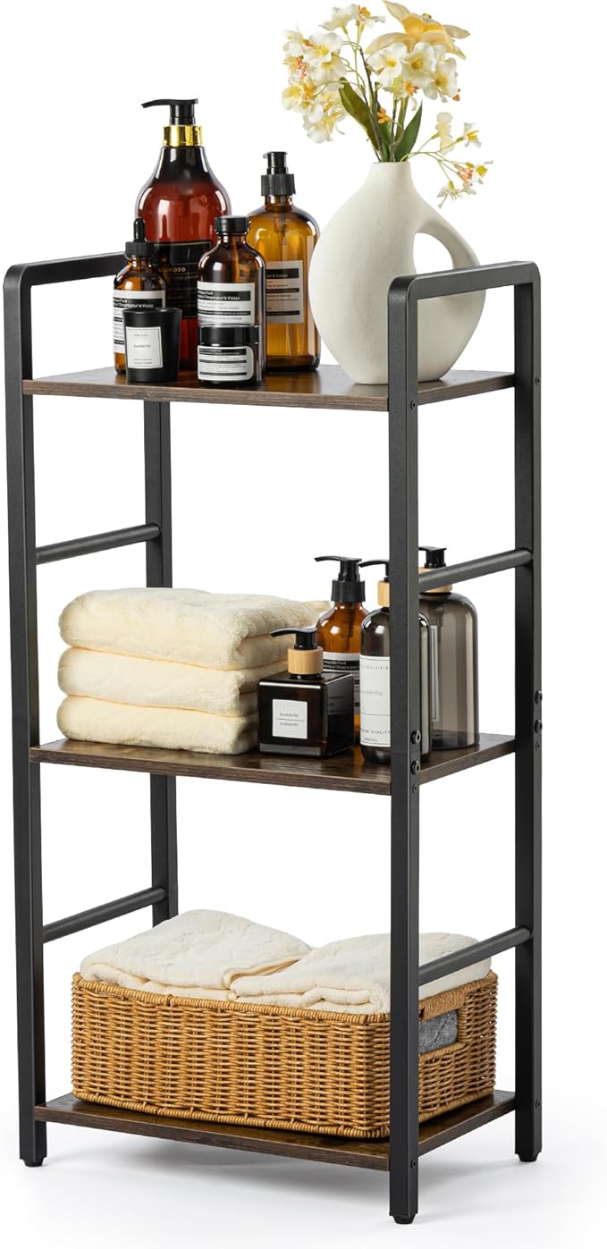 Aquzee 3-Tier Bathroom Standing Shelf, Metal Small Bathroom Storage Shelves, 3 Tiers Wood Narrow Shelving Unit, Multipurpose Freestanding Shelf Unit for Laundry Room Restroom & Toilet Organizer