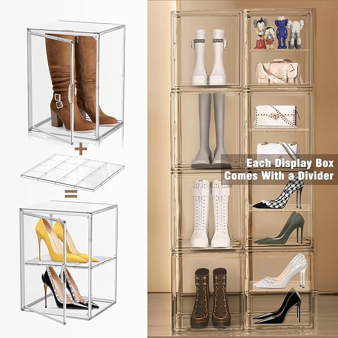2 Pcs Shoe Display Case, XX-Large 15.3'' Tall Boot Storage Box Transparent Handbag Organizer for Closet Acrylic Shoe Box Clear Plastic Stackable Sneaker Collectibles Case with Detachable Divider