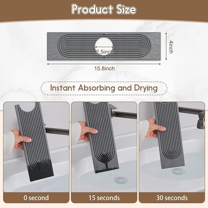 Faucet Mat for Kitchen Sink, Diatomite Quick Drying Tray , 15.8 Inch Kitchen Sink Splash Guard and Bathroom Stone Tray for Counter. Super Absorben.Deep Grey.
