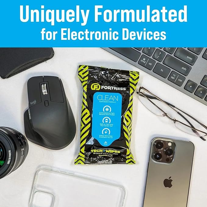 Fortress Electronic Wipes With Microfiber Cloth (25 ct, Pack of 72) To-Go Tech Wipes for Screens, Phones, Keyboards, TV Monitors, Computer Screens, and More [Travel Size] Skin-Safe