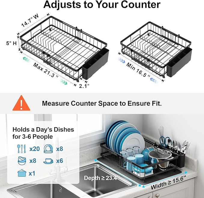 GSlife Family Size Large Capacity Expandable Dish Drying Rack with Absorbent Mat, Rust Resistant Dish Drainer for Plates Bowls Pots and Pans, 16.5"-21.3" L x 14.7" W, Black