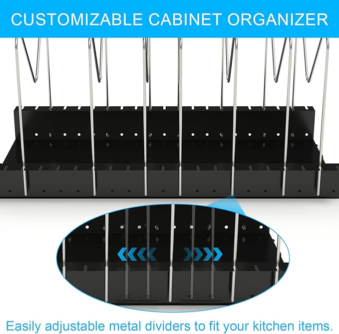 Golener 4 Adjustable Dividers Pull Out Pots and Pans Organizers - Optional Dividers Sliding Pot Lid Holder in Kitchen and Slide Out Cabinet Storage of Lids, Bakewares and Pots