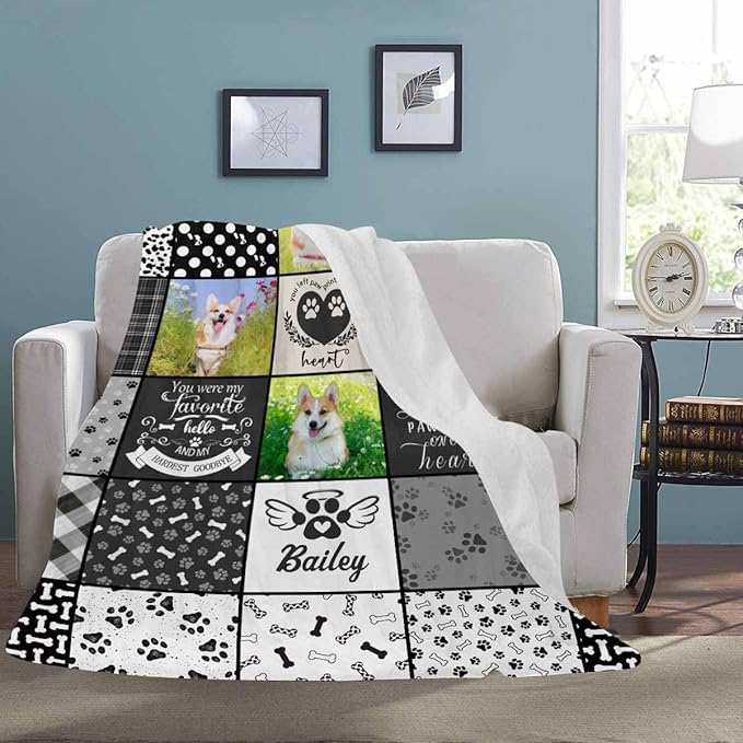 D-Story Pet Dog Memorial Gifts Personalized - in Loving Memory of Loss Dog Custom Blanket with Dogs Pictures and Name - Loss Pet Sympathy Remembrance Gift for Kids and a Grieving Pet Owner