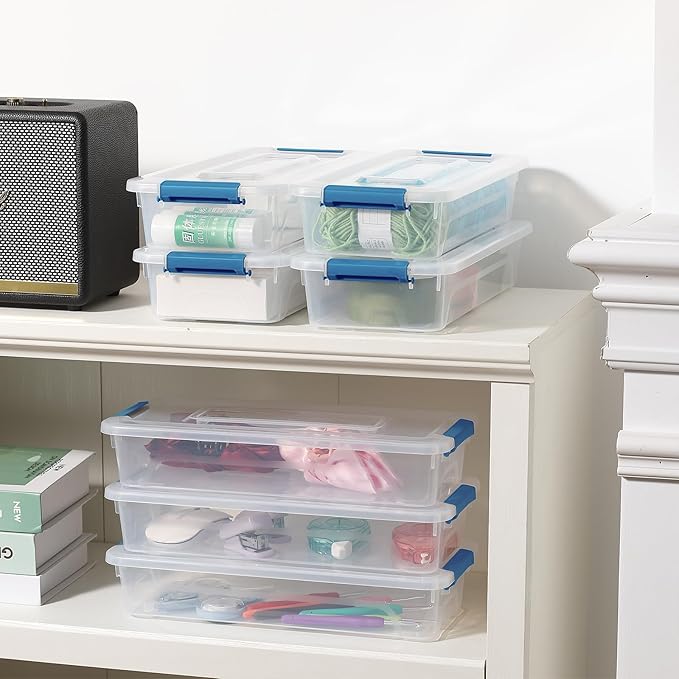 novelinks Clear Stackable Storage Bins with lid Storage Boxes Durable Plastic Organizer Containers for Home Office, Kitchen, Craft Supplies (4 Quart 8 Pack Blue)