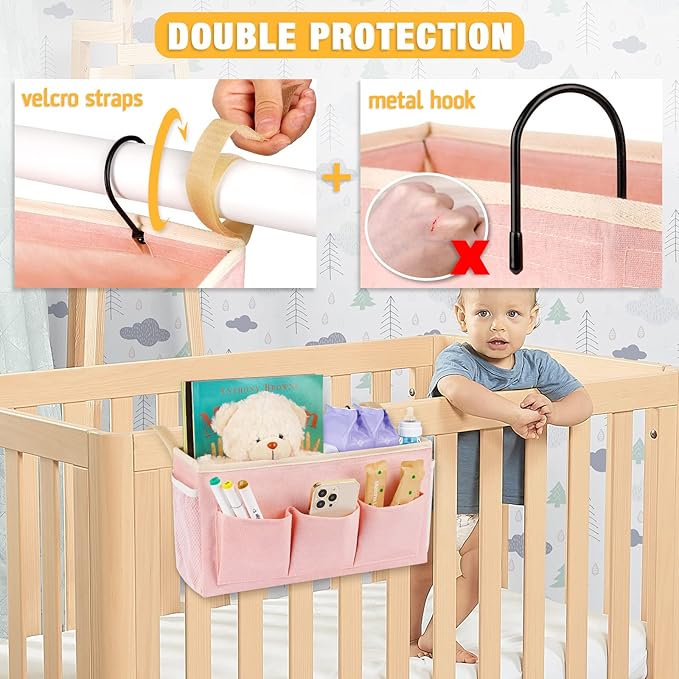 Lilithye Bedside Caddy Bedside Organizer Bedside Storage Caddy with Fixed Straps and Water Bottle Holder for Home College Dorm Bunk Bed Hospital Bed Crib Bed Rails (2pcs Pink)