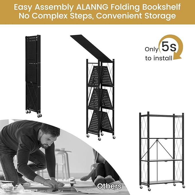 ALANNG Heavy Duty 4-Tier Folding Shelf with Wheels, No Tools Assembly Metal Storage Rack Cart, 264LBS Capacity for Kitchen, Pantry, Laundry Room, Garage, (Black, 2PACK)