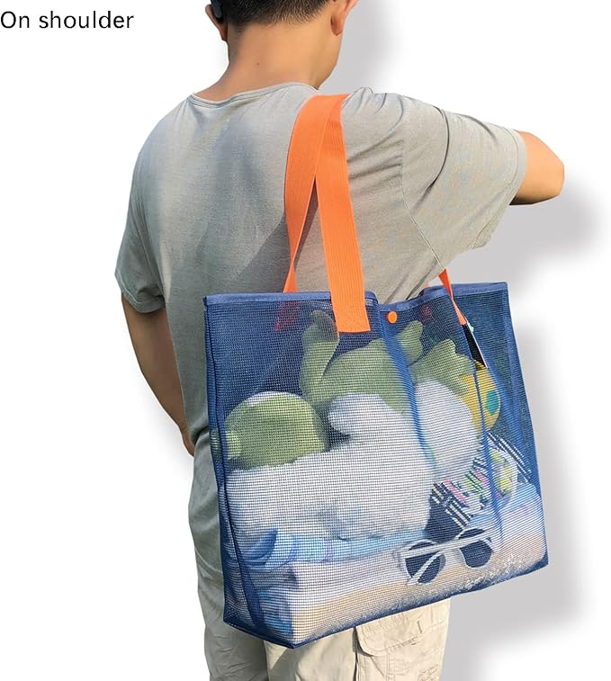 2Pack Large lightweight Simple Mesh Beach Tote Bag With snap Button Reusable Pool Bag for Outdoor Travel Shopping Gym