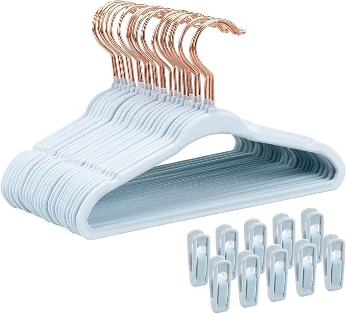 Baby Hangers 50 Pack - 11 Inch Premium Velvet Non Slip Kids Hanger for Infant & Toddler Clothes - 0.2" Ultra Thin Baby Closet Hangers with 10 Hanger Clips - Blue