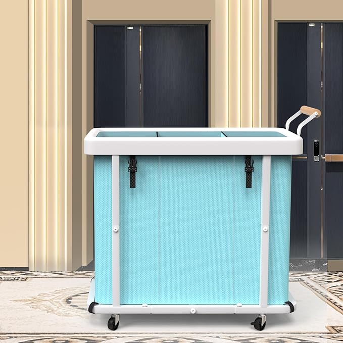 230L (60 Gal) Extra Large Fashion Laundry Sorter 3 Section with Lid, Rolling Laundry Basket Hamper with Handle, Laundry Organizer Storage Cart with Sturdy Metal Frame for Laundry Room,Hotel,Blue