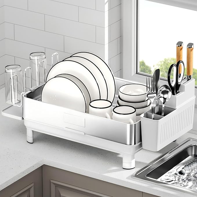 Dish Drying Rack, 304 Stainless Steel Dish Racks for Kitchen Counter, Dish Drainers with Automatic Drainage, Utensil Holder & Cups Holder, Space Saving Kitchen Organizer, White