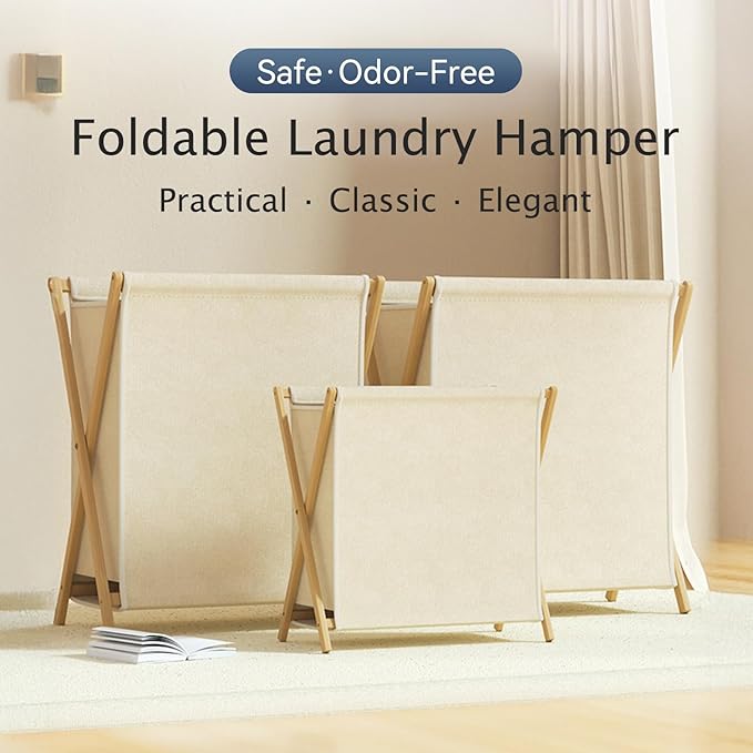 DUMDUM Simple, Eco-Friendly Foldable Laundry Hamper with X-Frame, Multi-Size for Dorm, Bedroom, RV (Beige, Medium)