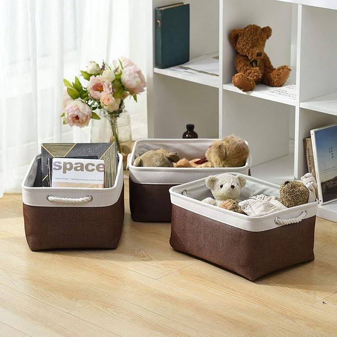 Sacyic Organization and Storage Basket for Organizing - 16x12x8 inch Large 4 Pack Fabric Storage Cube Collapsible Storage Bins for Shelves, Storage Box for Cloth Books Canvas(White & Flaxen)