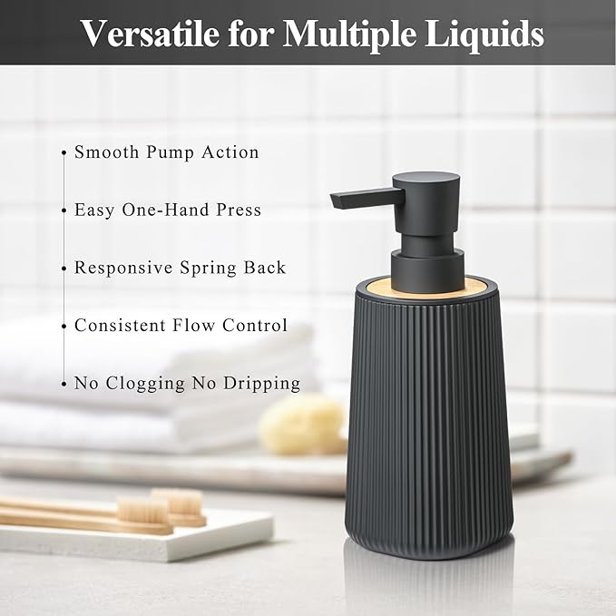 Black Hand Soap Dispenser with Bamboo Decor and No Rust Pump for Bathroom and Kitchen Countertops Refillable Striped Matte Plastic 8.5 oz