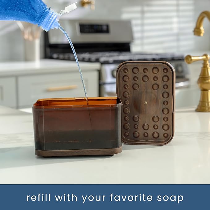S&T INC. Dish Soap Dispenser and Sponge Holder for Kitchen Sink, Waterproof Labels and Sponge Included, 13 Ounces, Plastic, Walnut and Amber