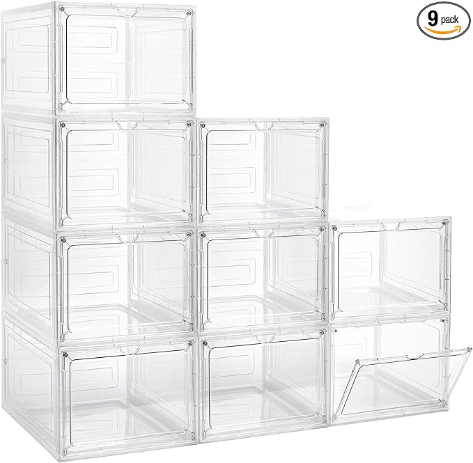 Storage Bins with Lids, 9 Pack Plastic Storage Containers with Magnetic Door, 19 Qt Stackable Clear Storage Box for Home, Office Organizing
