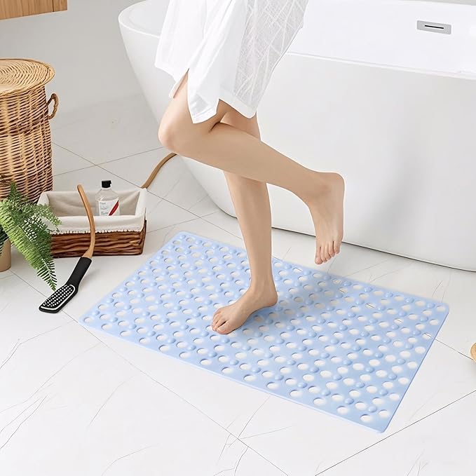 BREELEAM Non Slip Bathtub Mat and Shower Mat 31x17 inch,Bath Mat with Quick Dry Drain Holes and Suction Cups, Soft Comfortable Safe Bathroom Mat for Bath Tub, Floor, Tile (Light Blue)