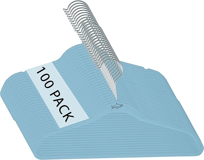 Simplify Kids 100 Pack Velvet Hangers with Shark Icon in Light Blue