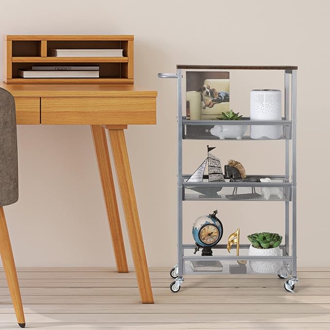NANANARDOSO 4-Tier Slim Rolling Cart with Wood Top, Narrow Storage Organizer with Wheels & Handle for Kitchen Bathroom Laundry Room, Black, Silver.