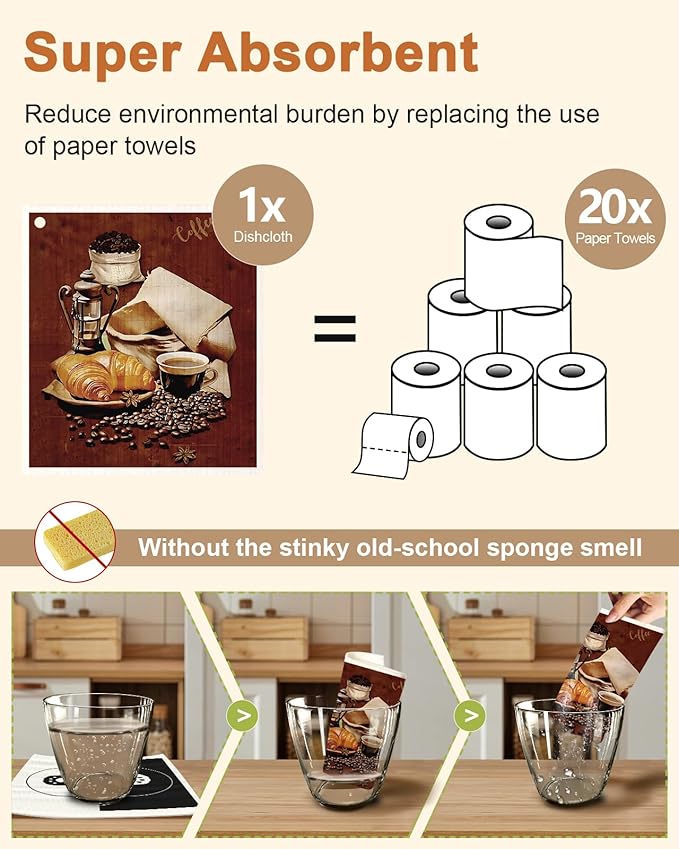 Kitchen Swedish Dishcloths with Hooks - 6 Pack Reusable Dish Cloths for Washing Dishes Fast Drying Cute Fun Swedish Dish Towels Washable Cleaning Sponge, Brown Coffee