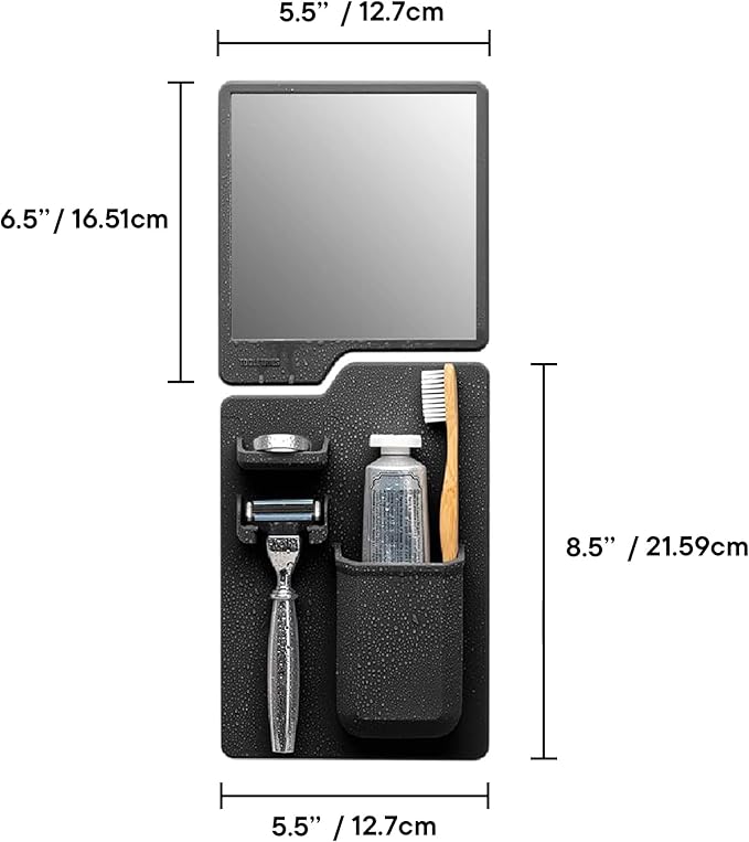 TOOLETRIES The Harvey & Oliver Set- Toothbrush & Razor Holder and Fog Resistant Mirror - Silicone Shower & Bathroom Accessory - Features Silicone-Grip Technology, Removable & Reusable - Charcoal