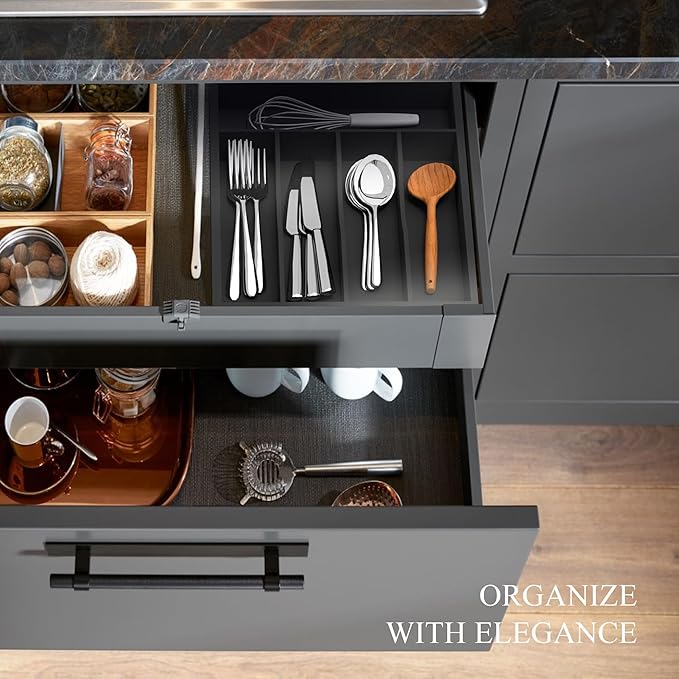 Bamboo Silverware Organizer, Kitchen Drawer Organizer, Utensil Holder, Cutlery Tray & Spoon Flatware Storage with Grooved Drawer Dividers (5 Slots, Black)