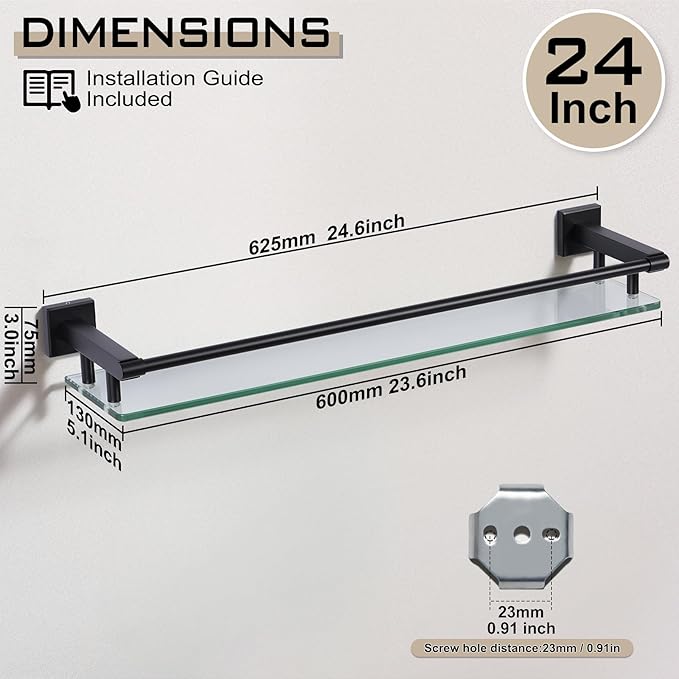 SFGSOWOR Glass Shelf for Bathroom Wall Sheves 24 inch Rectangular Stainless Steel Tempered Glass Modern Stainless Steel Wall Mount Accessories Organizers Storage (Matte Black)