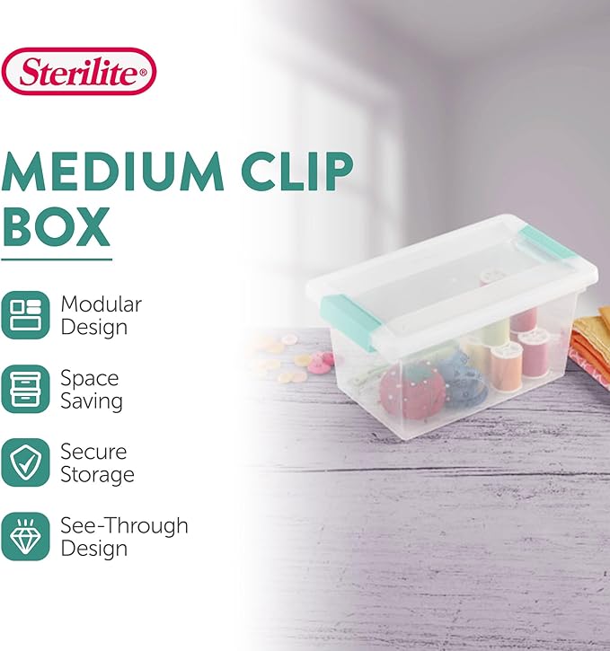 Sterilite Medium Clip Box Stackable Storage Bin with Latching Lid for Home, Office, School, Organize Paper, Notebooks, Crafts, Clear Lid, Base, 1-Pack
